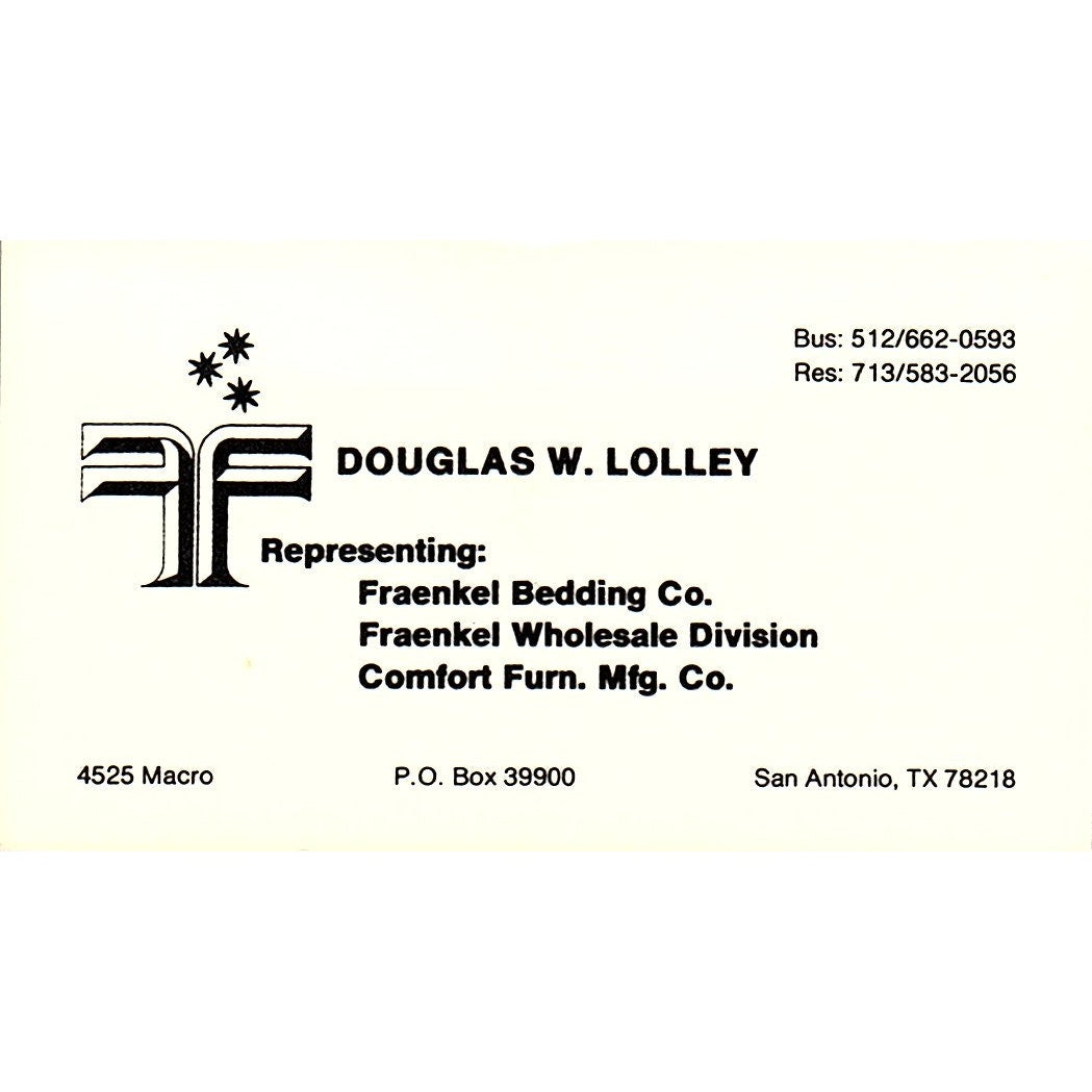 Douglas W Lolley Fraenkel Bedding Co San Antonio Vintage Business Card SC9-B10