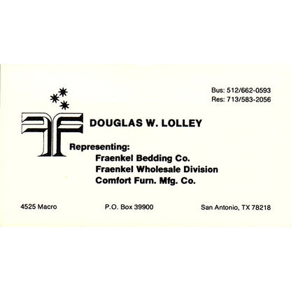 Douglas W Lolley Fraenkel Bedding Co San Antonio Vintage Business Card SC9-B10