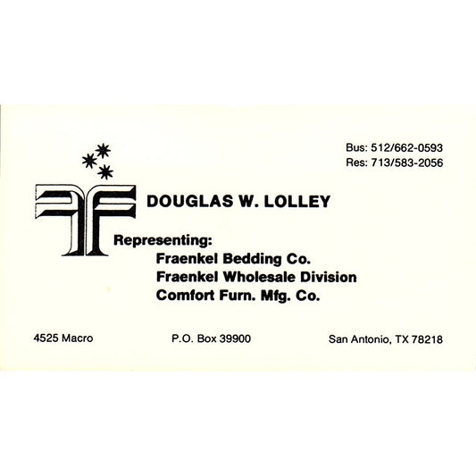 Douglas W Lolley Fraenkel Bedding Co San Antonio Vintage Business Card SC9-B10