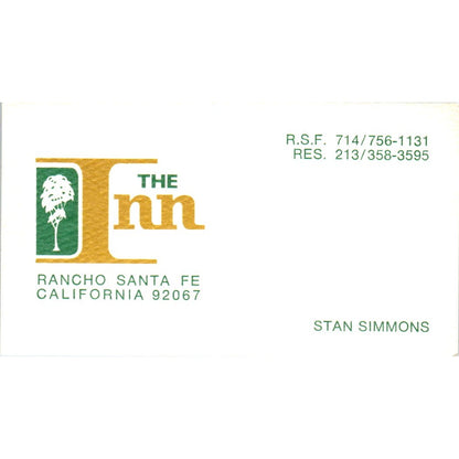 Stan Simmons The Inn Rancho Santa Fe CA Vintage Business Card SD8-B22