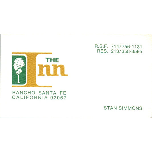Stan Simmons The Inn Rancho Santa Fe CA Vintage Business Card SD8-B22