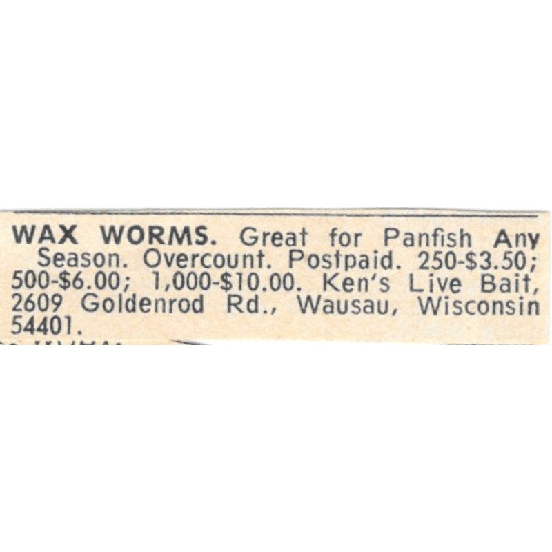 Ken's Live Bait Wax Worms Wausau WI 1977 Ad AF6-S6