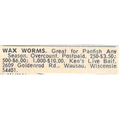 Ken's Live Bait Wax Worms Wausau WI 1977 Ad AF6-S6