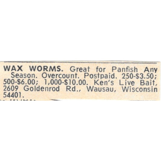 Ken's Live Bait Wax Worms Wausau WI 1977 Ad AF6-S6