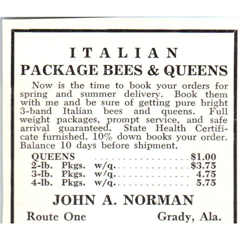 Italian Package Bees John A. Norman Grady Alabama 1961 Magazine Ad AK6-S12