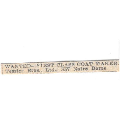 Tessler Bros. Ltd. Coat Maker Wanted 337 Notre Dame Winnipeg 1920 Ad AG2-S5