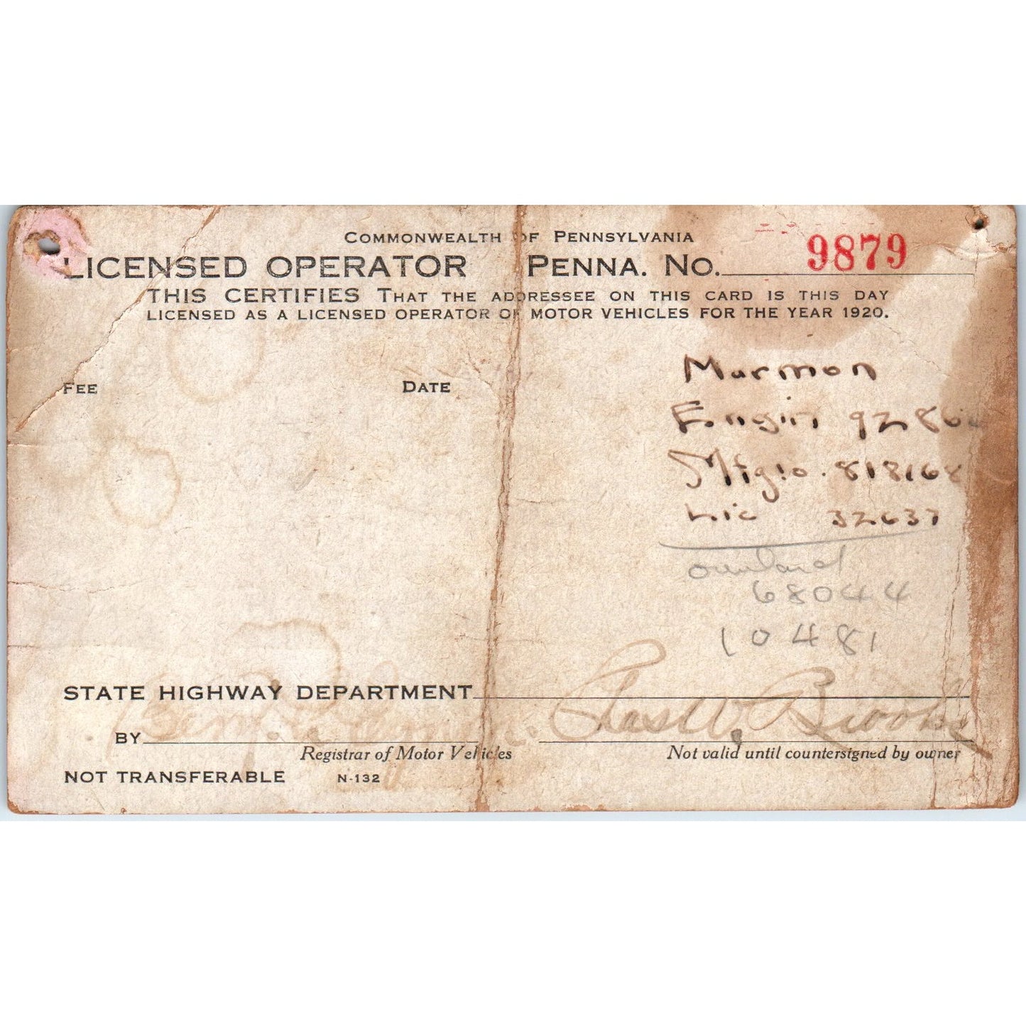 1923 Pennsylvania Motor Vehicle Licensed Operator Driver License Card AF7-E3