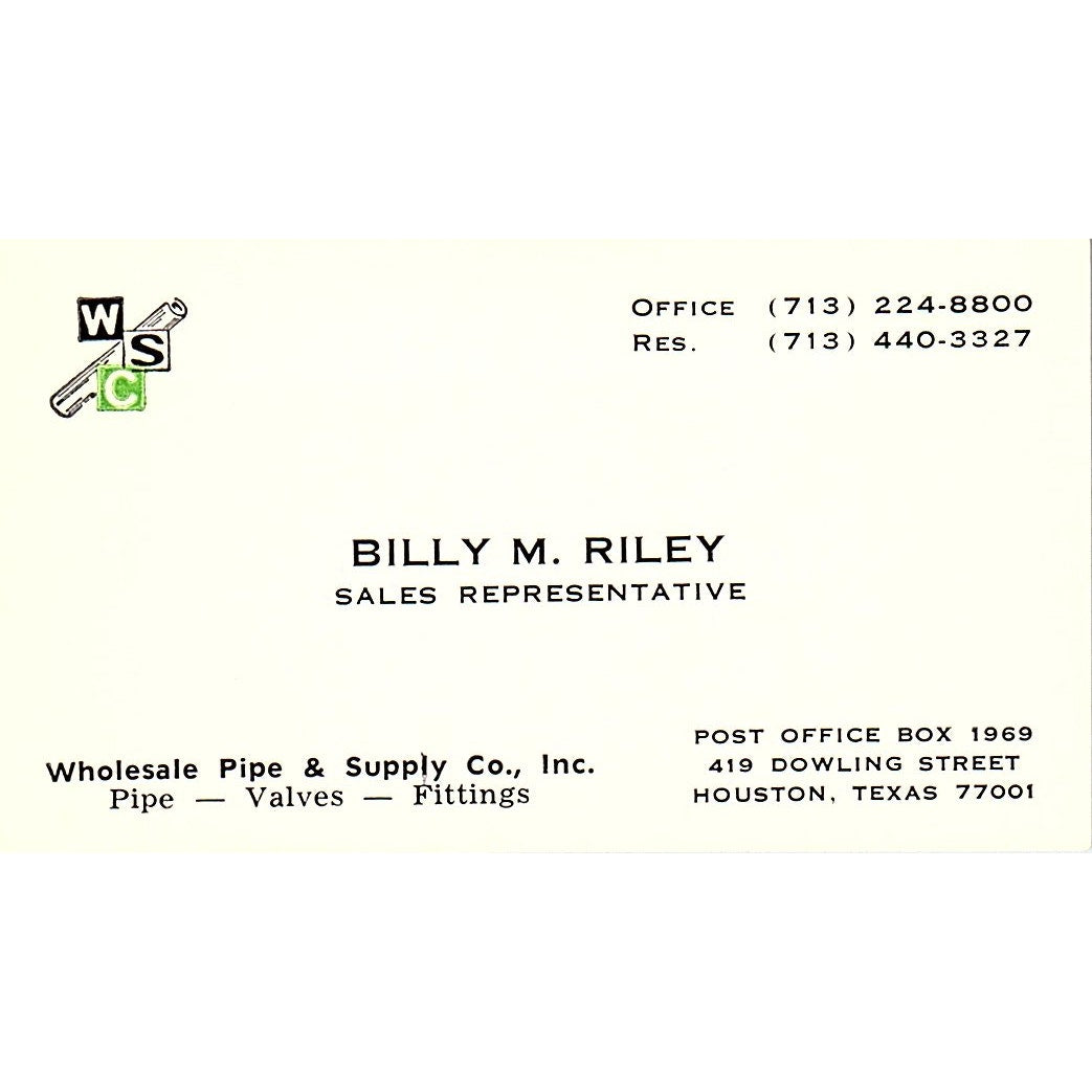 Billy M Riley Wholesale Pipe & Supply Co Houston Vintage Business Card SE5-B3