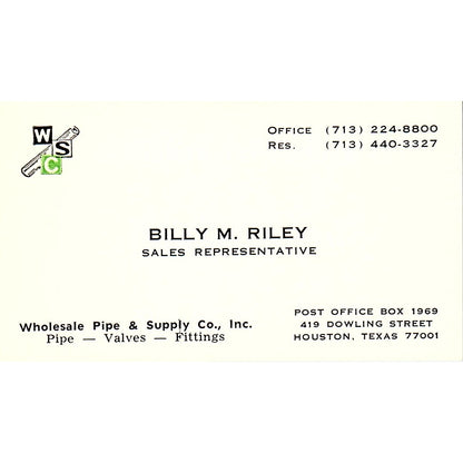 Billy M Riley Wholesale Pipe & Supply Co Houston Vintage Business Card SE5-B3