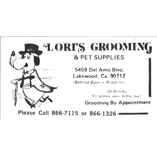 Lori's Grooming & Pet Supplies Lakewood CA Vintage Business Card SD8-B15