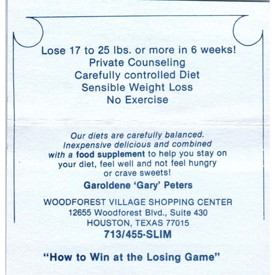 The Diet Center Garoldene Gary Peters Houston TX Vintage Business Card SD8-B6