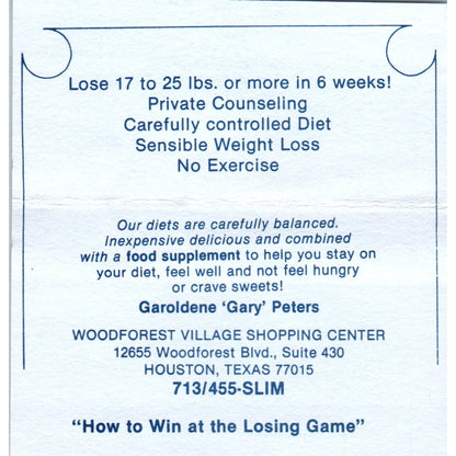 The Diet Center Garoldene Gary Peters Houston TX Vintage Business Card SD8-B6