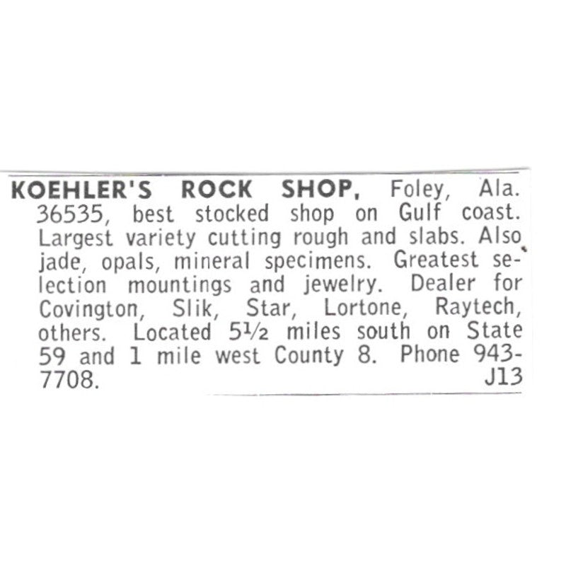 Koehler's Rock Shop Foley Alabama 1972 Ad AF8-S13