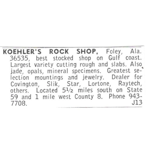 Koehler's Rock Shop Foley Alabama 1972 Ad AF8-S13