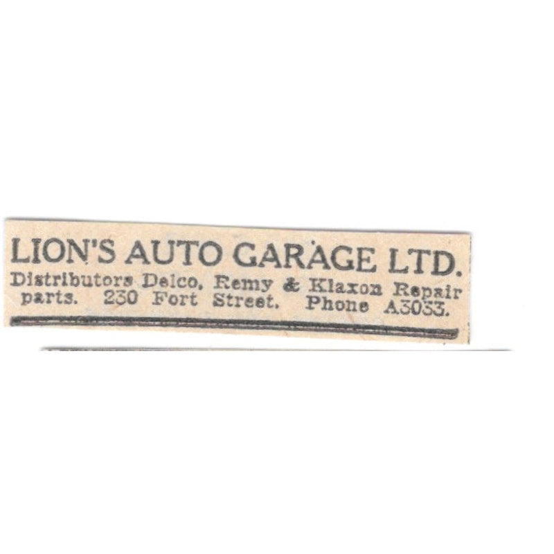 Lion's Auto Garage Ltd Remy & Klaxon Repair 230 Fort St Winnipeg 1920 Ad AG2-S13