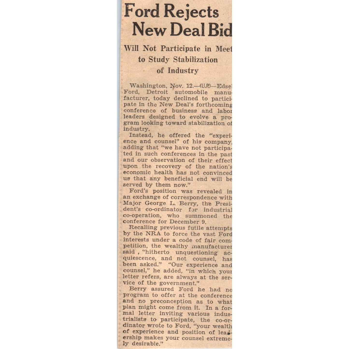 Ford Rejects New Deal Bid 1935 Minneapolis Journal Article AE7-N4