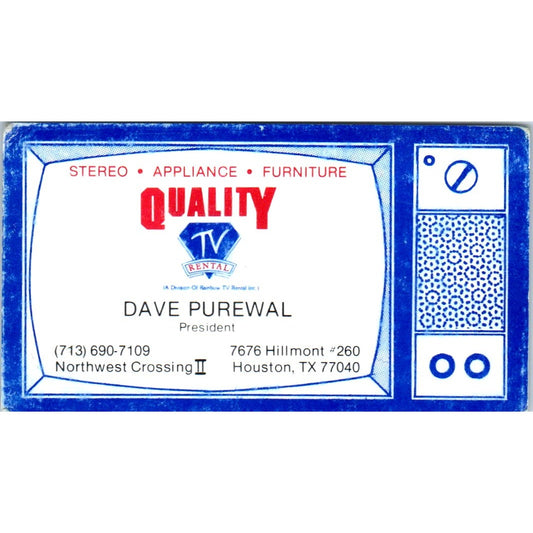 Dave Purewal Quality TV Rental Houston TX Vintage Business Card SD8-B4