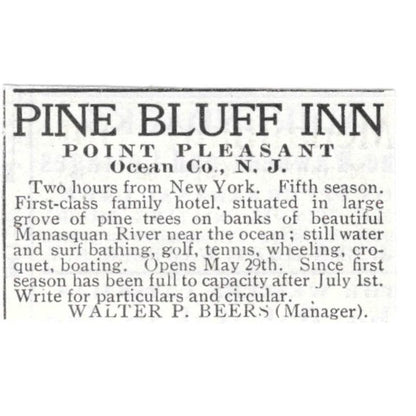 Pine Bluff Inn Point Pleasant NJ Walter P. Beers c1918 Advertisement AE5-SV2