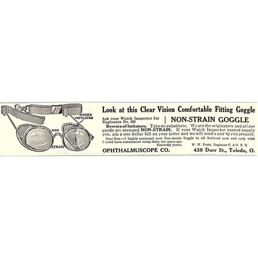 Opthalmuscope Co Non-Strain Goggle Toledo OH 1914 Original Ad AF3-10