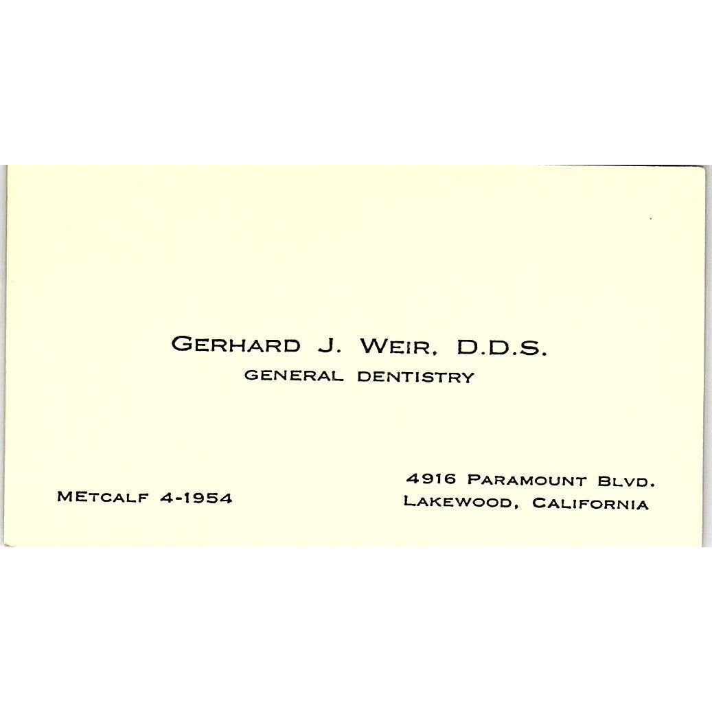 Gerhard J Weir DDS Dentist Lakewood CA Vintage Business Card SE3-B15