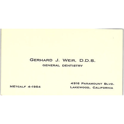 Gerhard J Weir DDS Dentist Lakewood CA Vintage Business Card SE3-B15