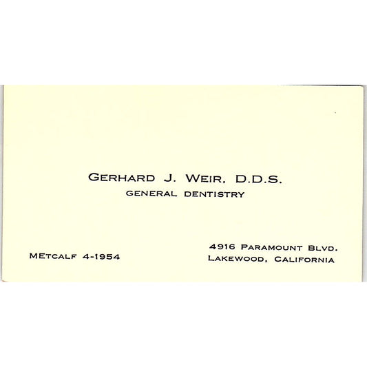 Gerhard J Weir DDS Dentist Lakewood CA Vintage Business Card SE3-B15