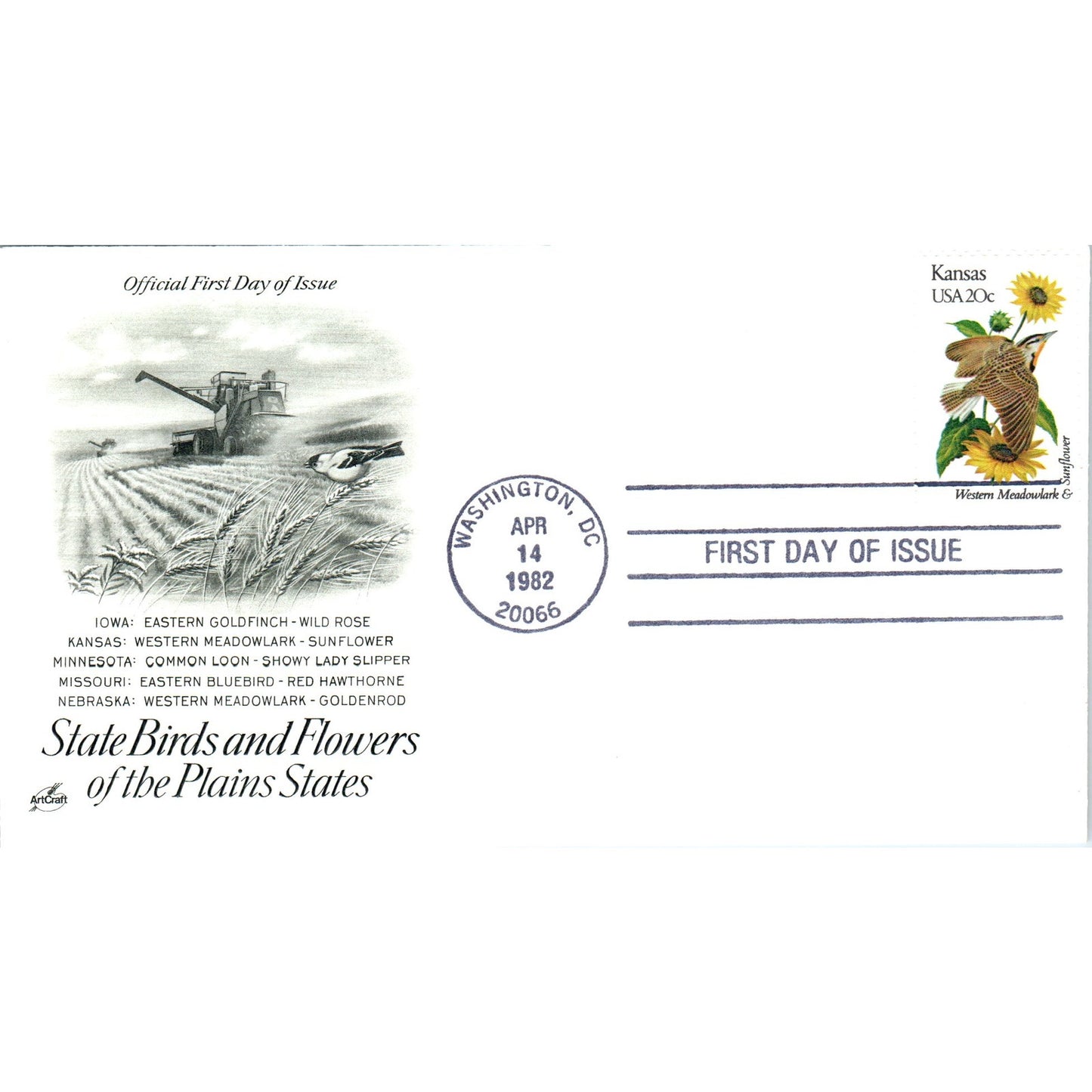 Kansas 1982 State Birds & Flowers of The Plains States First Day Issue TJ5-PC2