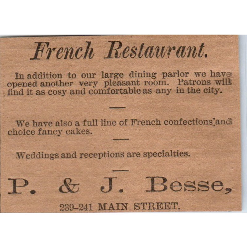 P&J Besse French Restaurant Main St 1886 Hartford CT Victorian Ad AB8-HT1