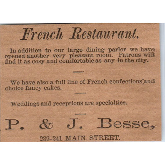 P&J Besse French Restaurant Main St 1886 Hartford CT Victorian Ad AB8-HT1