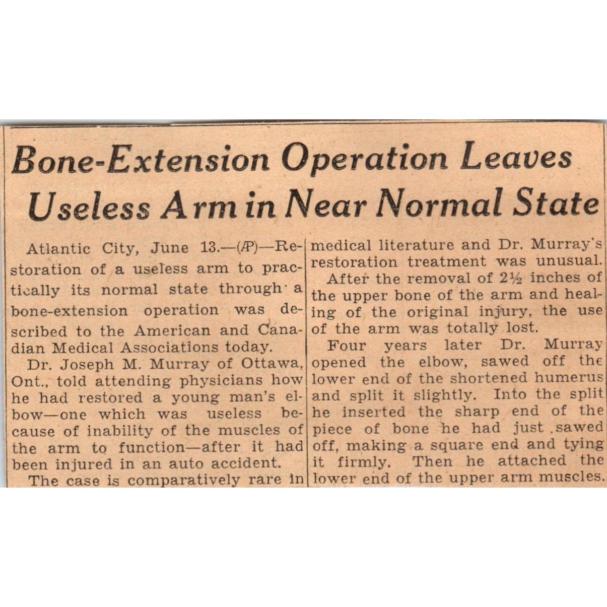 Dr. Joseph M. Murray Bone Extension Surgery 1935 Newspaper Article AE7-N5