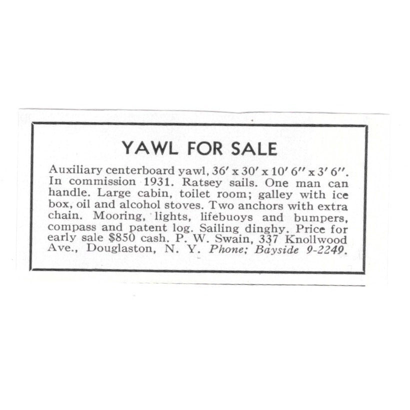 P.W. Swain Yawl for Sale 337 Knollwood Ave Douglaston NY 1932 Ad AG2-M20