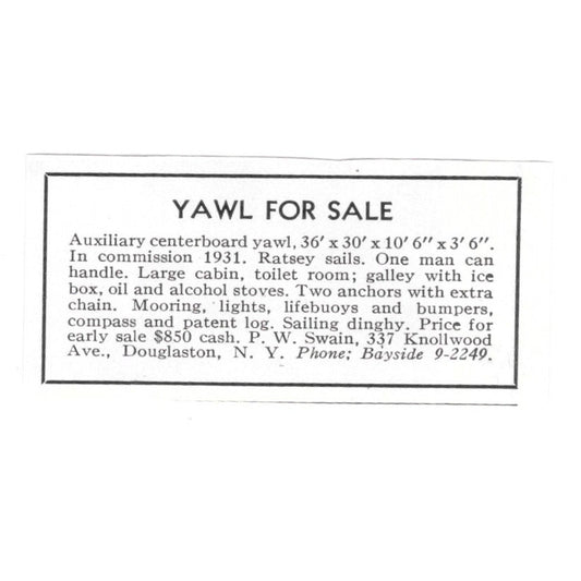 P.W. Swain Yawl for Sale 337 Knollwood Ave Douglaston NY 1932 Ad AG2-M20