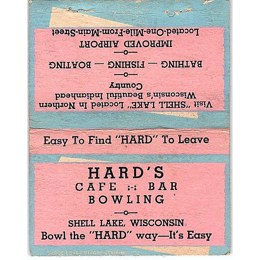 Hard's Cafe Bar Bowling Shell Lake WI Vintage Large Matchbook Cover TH2-Y2