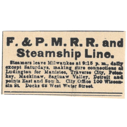 F.&P.M.R.R. & Steamship Line Milwaukee 1898 Newspaper Clip AF7-E12