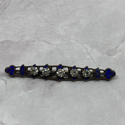 1920s Antique Art Nouveau Blue Enamel Rhinestone Bar Brooch Pin 2.25" SE2