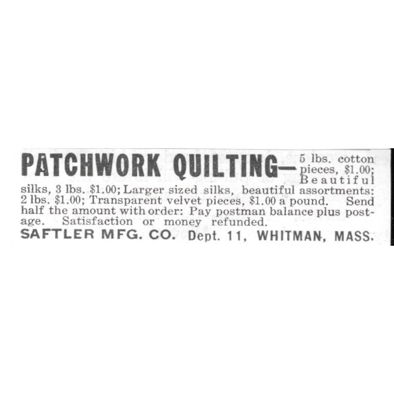 Saftler MFG. Co. Patchwork Quilting Whitman MA 1936 Ad SAG4-S12