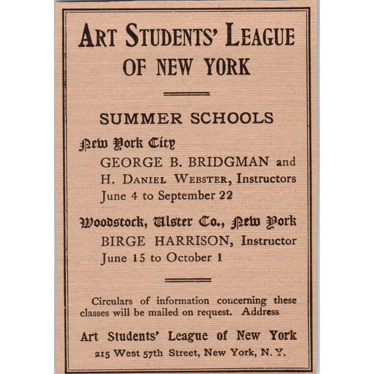 Art Students League of New York Summer Schools c1905 Victorian Ad AE9-MA7