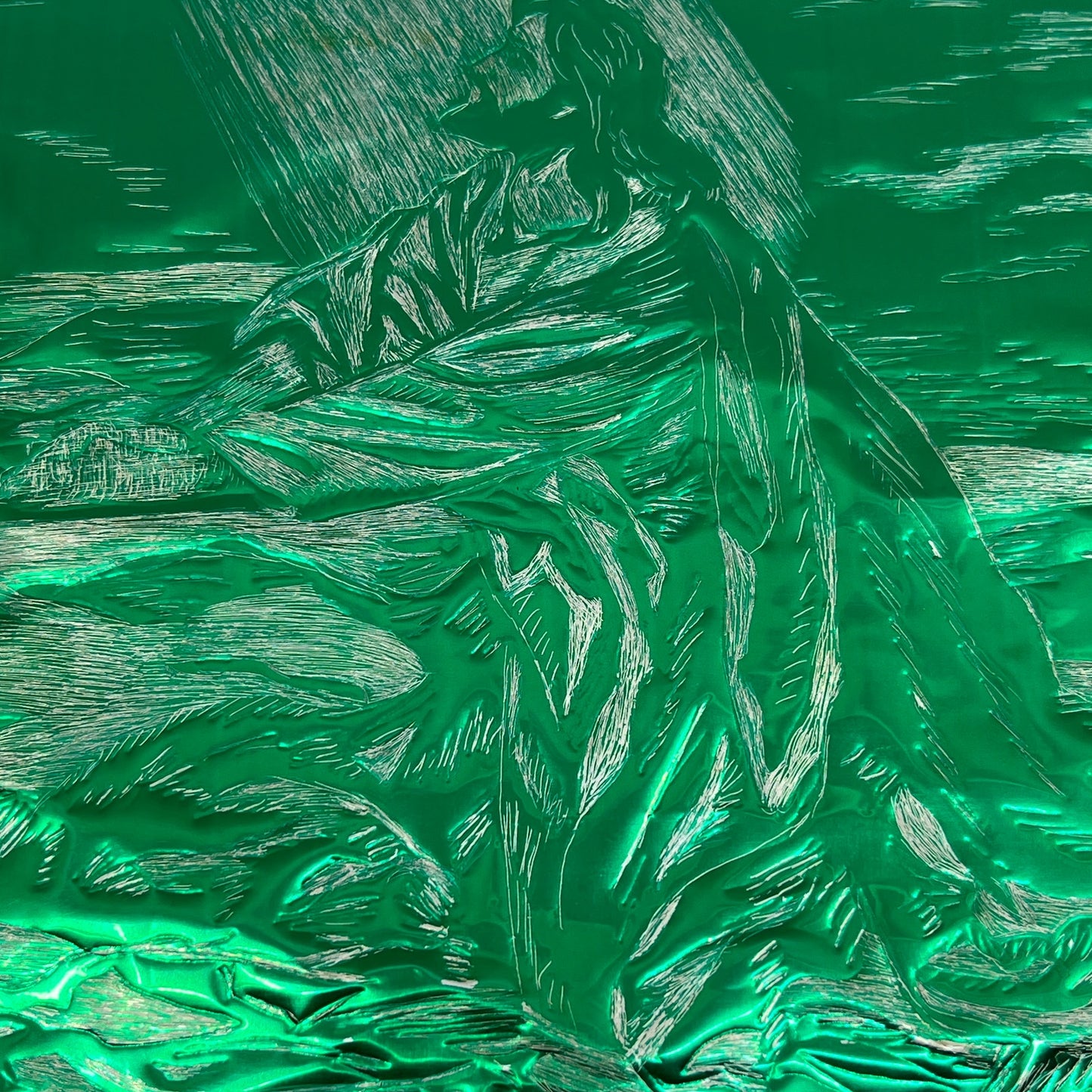 Jesus in Gethsemane Original Vintage Green Metallic Foil Art 6x8" TH2-MI1