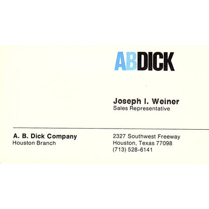 Abdick  Company  Joseph I Weiner  Houston Texas Vintage Business Card SB4-B9