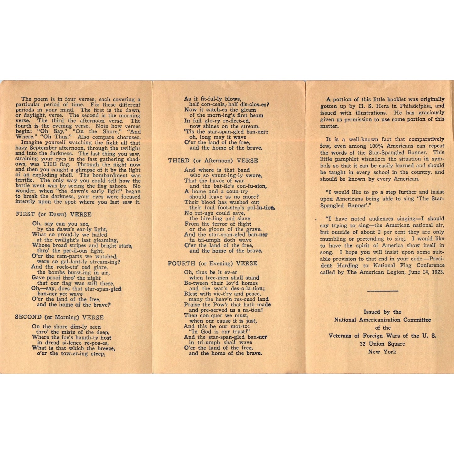 1920s VFW Star Spangled Banner Informational Fold Out Brochure AD8-R3