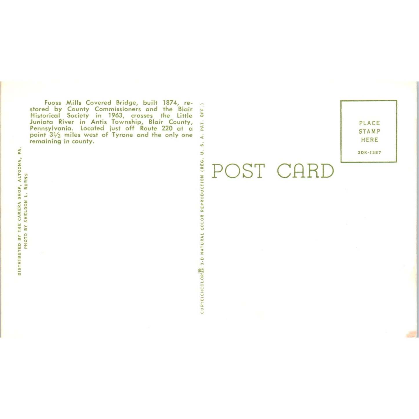 Fuoss Mills Covered Bridge Antis Twp PA Vintage Covered Bridge Postcard PD6