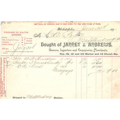 1891 Janney & Andrews Grocers Philadelphia Billhead Letterhead D17-2