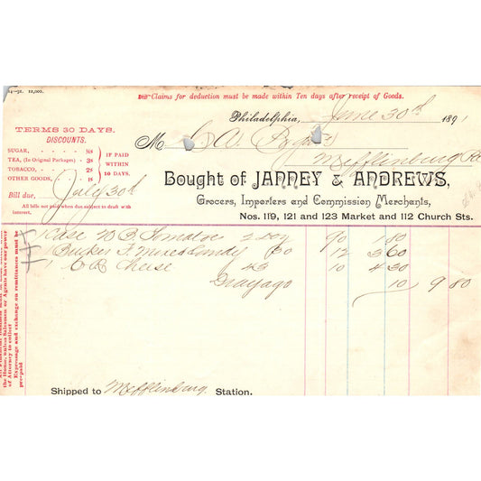 1891 Janney & Andrews Grocers Philadelphia Billhead Letterhead D17-2