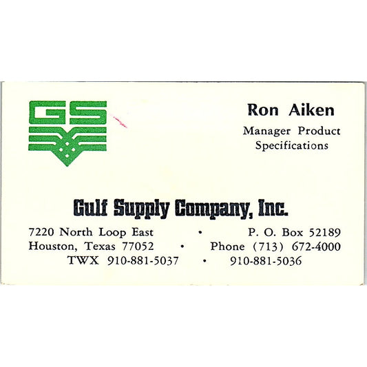 Gulf Supply Company Ron Aiken Houston Texas Vintage Business Card SB4-B11