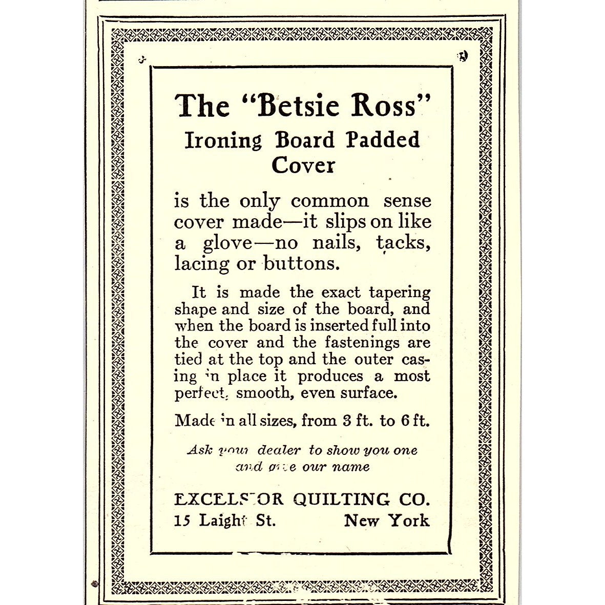 Betsie Ross Ironing Board Padded Cover Excelsior Quilting Co NY 1916 Ad AF6-15