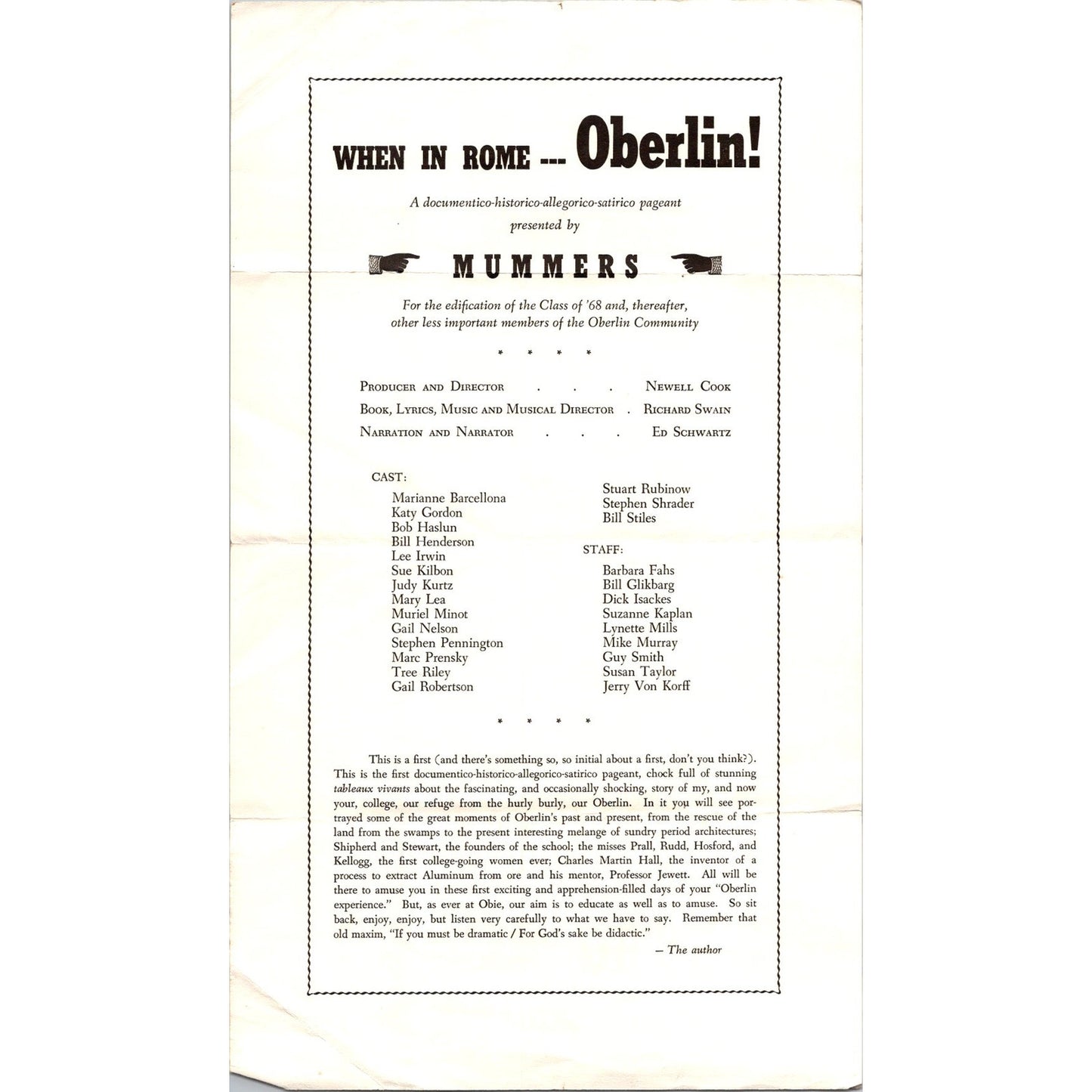 Class of 1968 Oberlin WI Mummers Pageant Program J16
