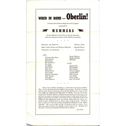 Class of 1968 Oberlin WI Mummers Pageant Program J16
