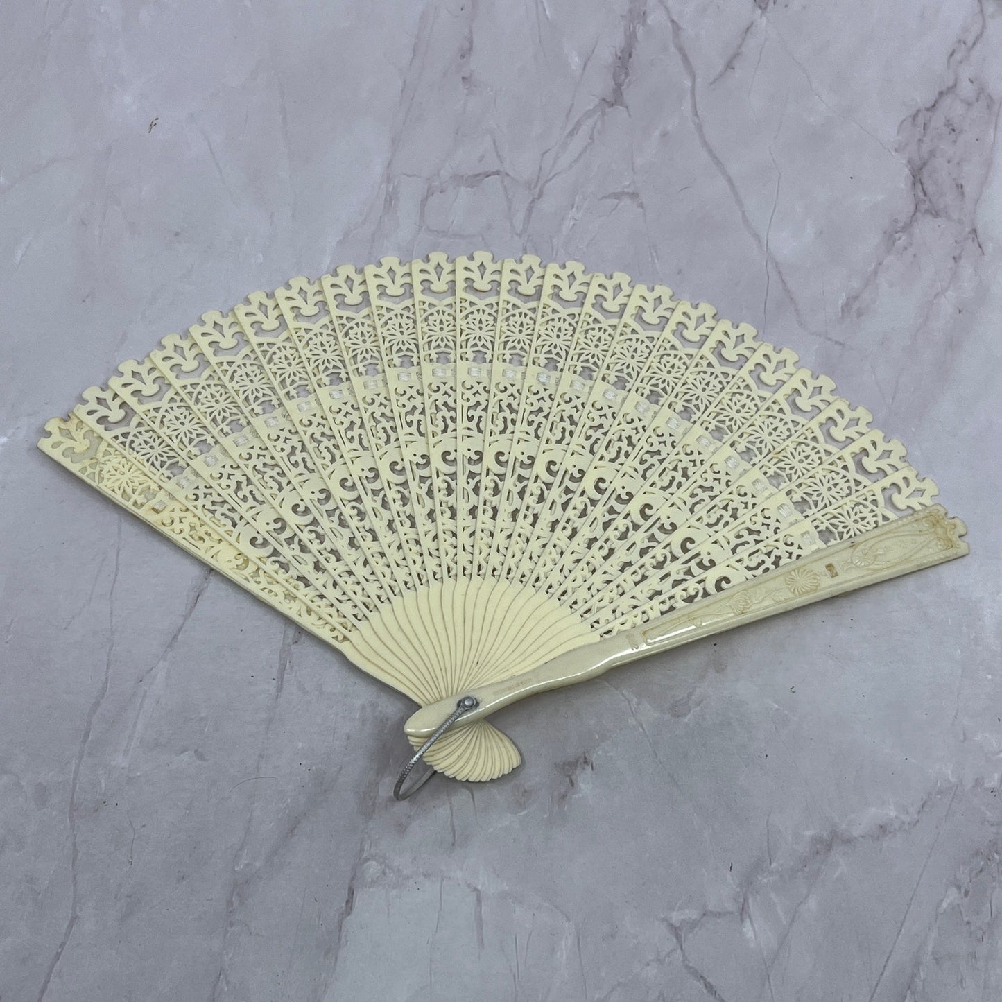 Vintage Folding Hand Fan Ornate Celluloid Hong Kong SC1