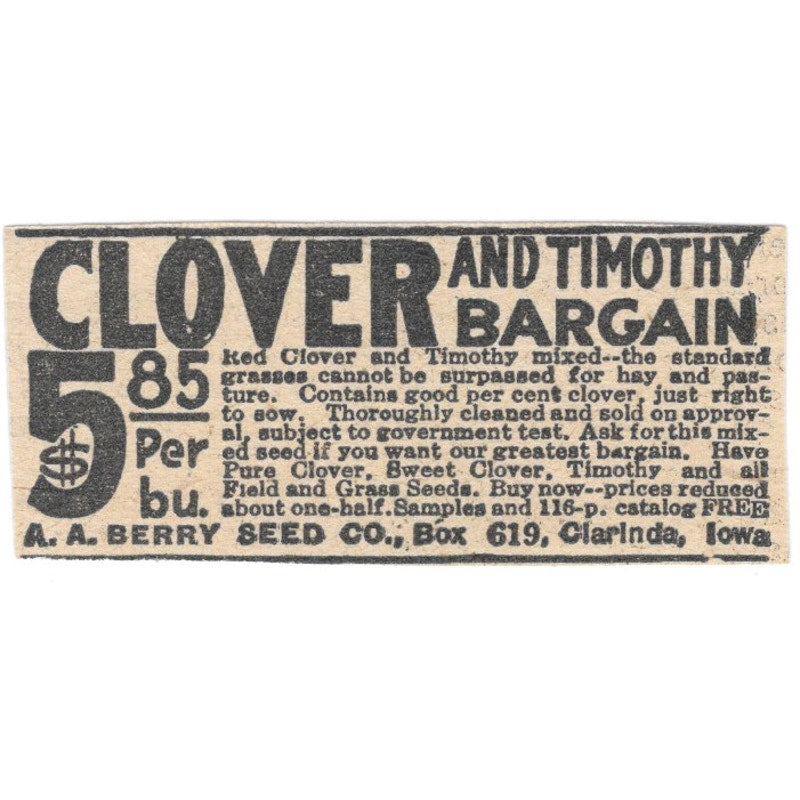 Clover and Timothy Bargain A.A. Berry Seed Co Clarinda Iowa 1920 Ad AG2-S2