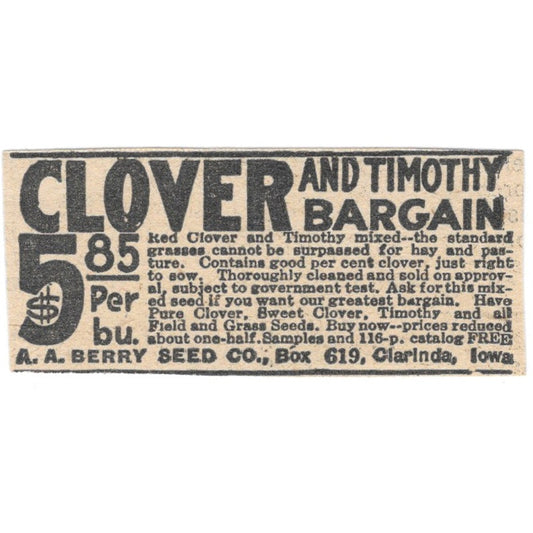 Clover and Timothy Bargain A.A. Berry Seed Co Clarinda Iowa 1920 Ad AG2-S2
